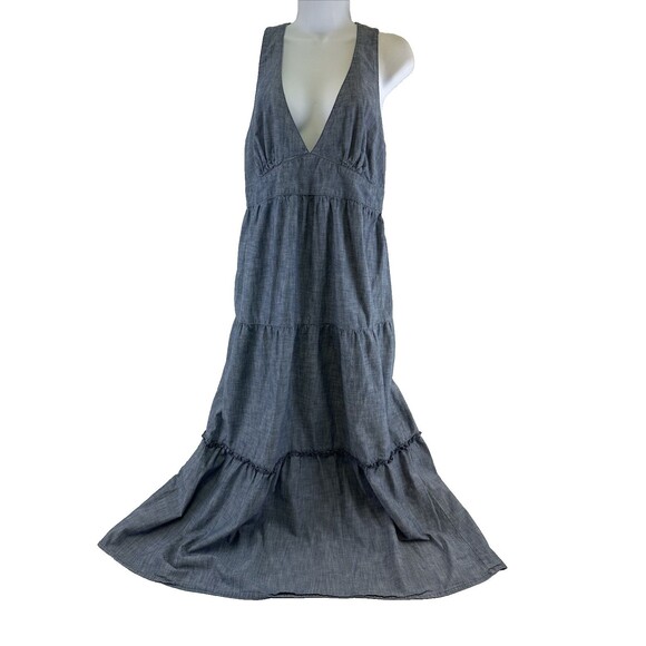 Gap Chambray Maxi Dress Deep V-Neck Halter Tiered Denim Blue Open Back Large - Picture 1 of 12